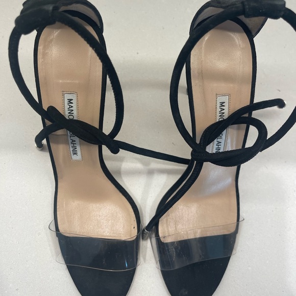 Manolo Blahnik black suede ankle wrap sandal with clear toe strap - Picture 2 of 9
